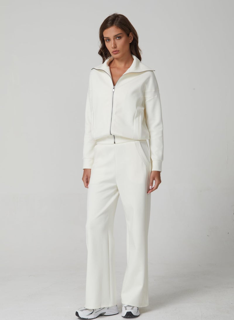 QINSEN Women's 2 Piece Matching Set Long Sleeve Zip Up Lapel Jacket High Waist Wide Leg Pants Tracksuit Beige XL - Image 4
