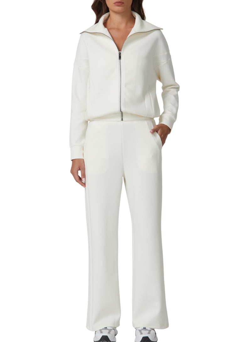 QINSEN Women's 2 Piece Matching Set Long Sleeve Zip Up Lapel Jacket High Waist Wide Leg Pants Tracksuit Beige XL - Image 1
