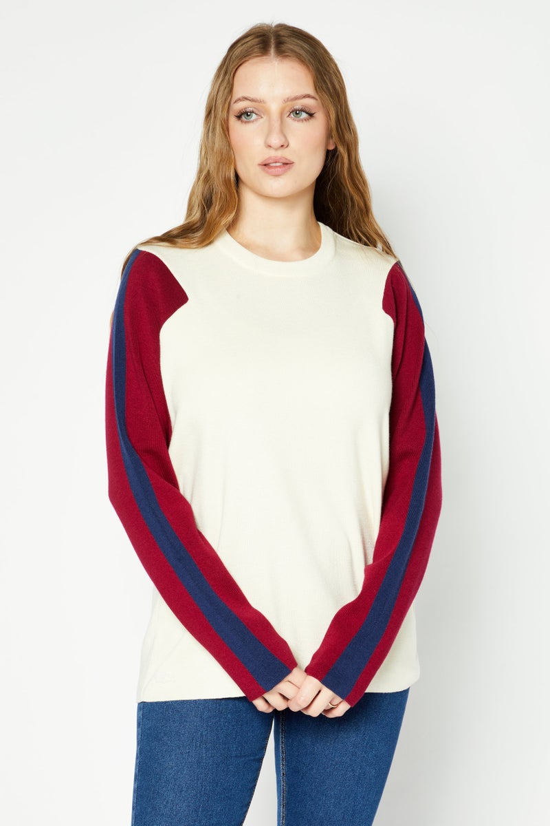 LACOSTE Women Crew Neck Knitted Sweater, Beige - Image 1