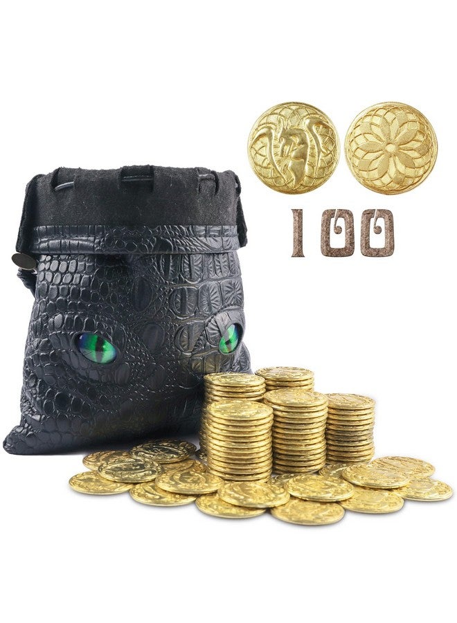Byhoo 100 Metal Fantasy Coins With Pu Fake Leather Pouch, Gold Dnd Coins For Board Game, Golden Game Tokens Store In The Coins Bag, Dnd Accessories For From New To Master, Retro Board Game Gifts For Dm  - Image 1