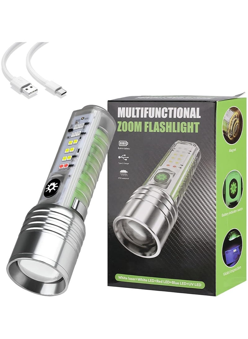 Super Bright Powerful LED Rechargeable Flashlight with Red Blue UV Light - Mini Pocket Flashlight 8 Modes Multifunctional Magnetic Zoomable for Emergency Outdoor Camping Hiking - Image 2