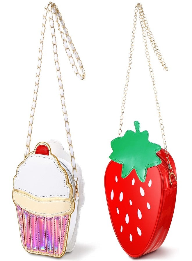 Cindeer 2 Pcs Cute Purse Bag Kawaii Food Fruit Purse Chain PU Phone Shoulder Wallet Crossbody Handbag for Women(Cupcake, Strawberry) - Image 1
