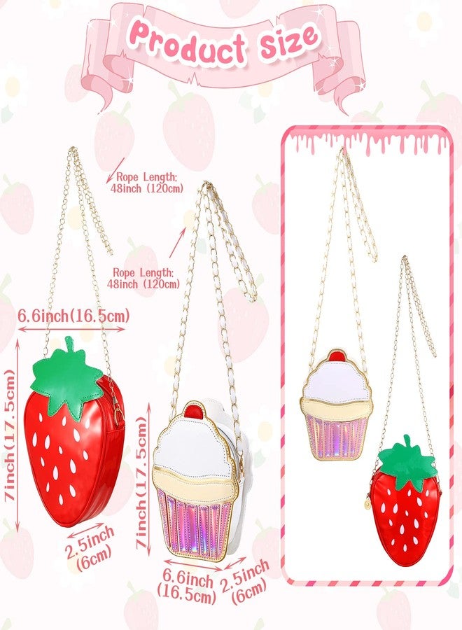 Cindeer 2 Pcs Cute Purse Bag Kawaii Food Fruit Purse Chain PU Phone Shoulder Wallet Crossbody Handbag for Women(Cupcake, Strawberry) - Image 3