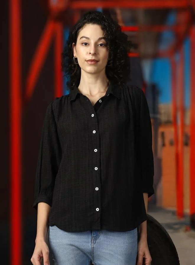 هاي ستار قميص نسائي قطني فضفاض بياقة واسعة وملمس نسيجي