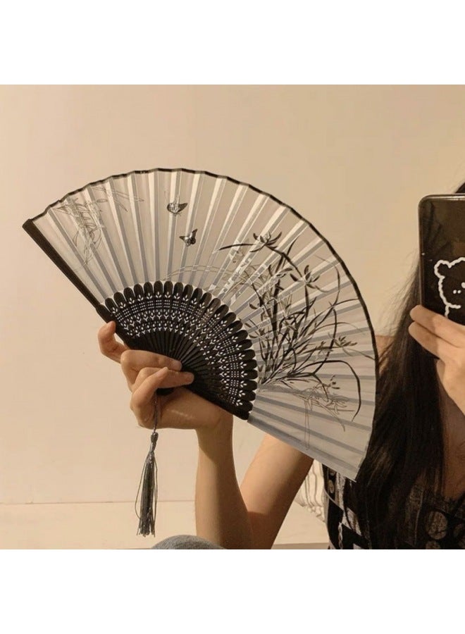 Chinese Style Folding Small Fan Carry-on Ancient Style Hanfu Ancient Dress Dance Chinese Style Summer Black Bamboo Fan For Women-Specifications:Order With Tassels-Color:A Handful Of Orchids - Image 1