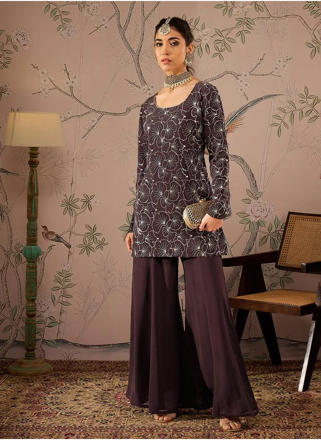 ساسافراس Embellished Sequins Kurta with Solid Palazzo Pants Set