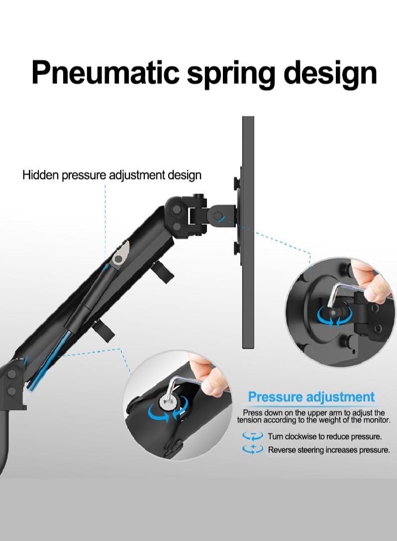 حامل ذراع شاشة واحدة كامل الحركة، ذراع شاشة زنبركية غازية لشاشة مسطحة/منحنية/فائقة العرض مقاس 17-32 بوصة مع مشبك على شكل حرف C وحلقة تثبيت - Image 2