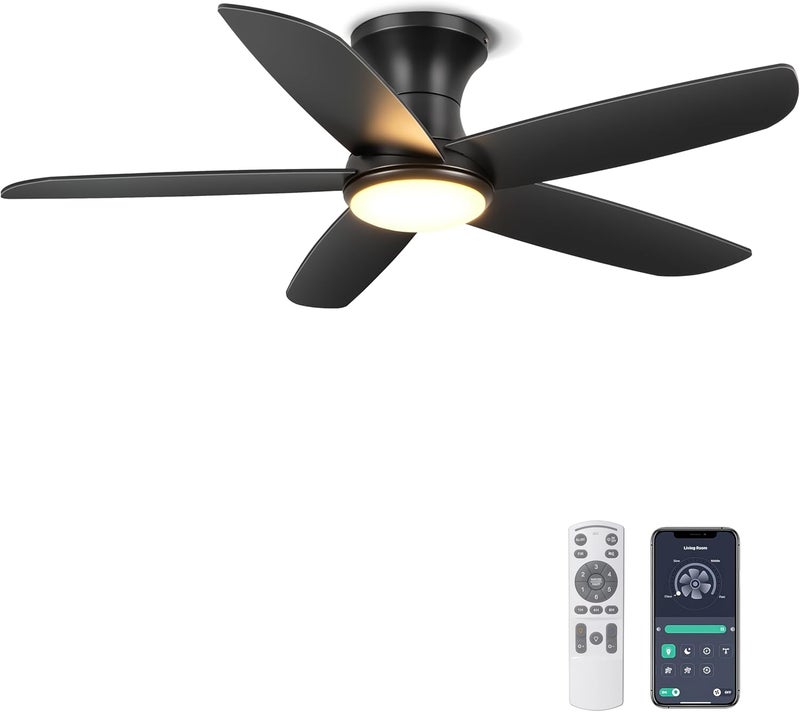 Ohniyou Ceiling Fan with Lights, 46" Flush Mount Ceiling Fans Remote/APP Control - Dimmable, Quiet DC Motor, Indoor Ceiling Fans for Bedroom Kitchen, Black - Image 1
