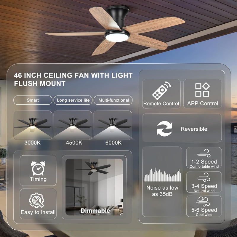 Ohniyou Ceiling Fan with Lights, 46" Flush Mount Ceiling Fans Remote/APP Control - Dimmable, Quiet DC Motor, Indoor Ceiling Fans for Bedroom Kitchen, Black - Image 3