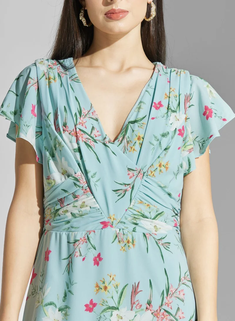 Adrianna Papell Tie Back Floral Print Tiered Hem Dress