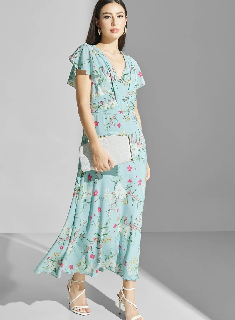 Adrianna Papell Tie Back Floral Print Tiered Hem Dress