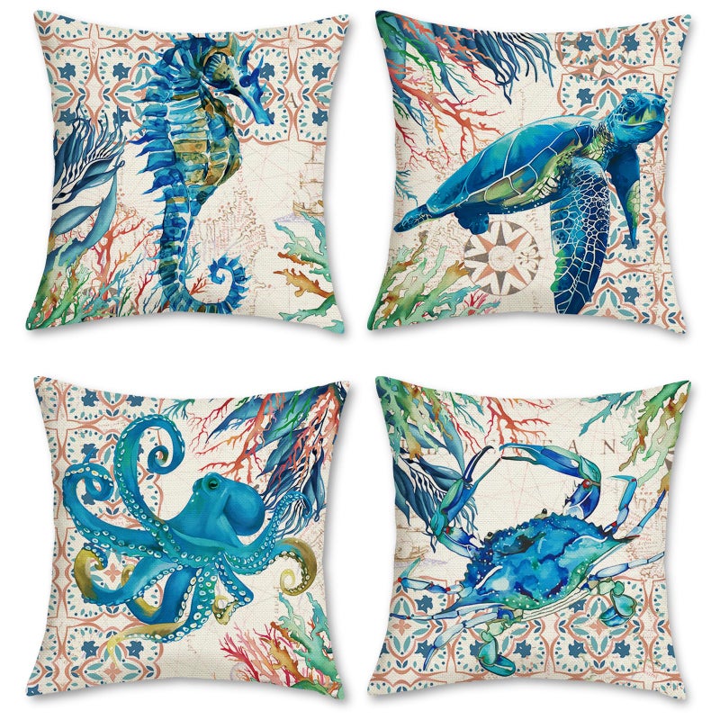 Bonhause Nautical Coastal Ocean Throw Pillow Covers 18 x 18 Inch Set of 4 Sea Turtle Seahorse Octopus Outdoor Decorative Pillow Cases Polyester Linen Cushion Covers for Sofa Couch Bedroom Home Dcor