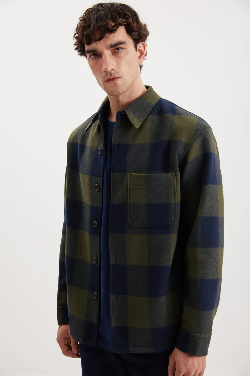 GRIMELANGE Holger Men's Regular Fit Thick Cashmere Fabric Lined Non-Pilling Buttoned Navy Blue/Khaki Jacket