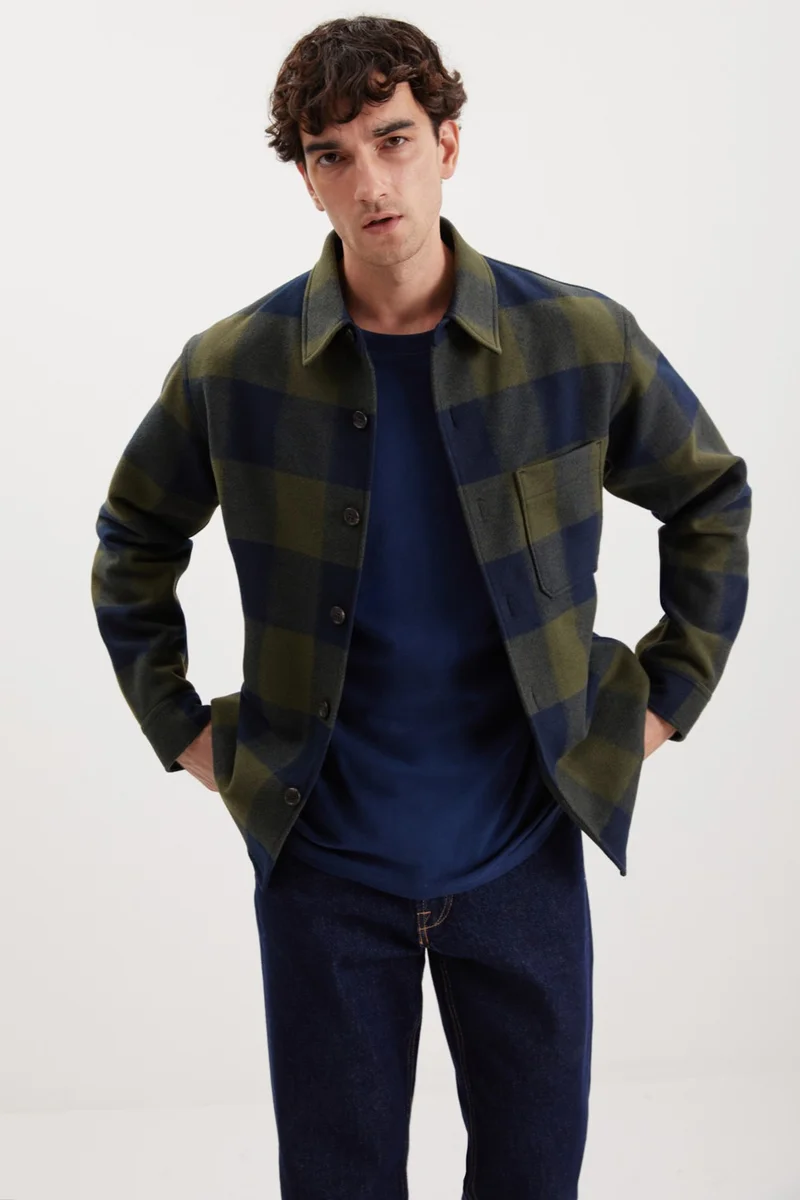 GRIMELANGE Holger Men's Regular Fit Thick Cashmere Fabric Lined Non-Pilling Buttoned Navy Blue/Khaki Jacket