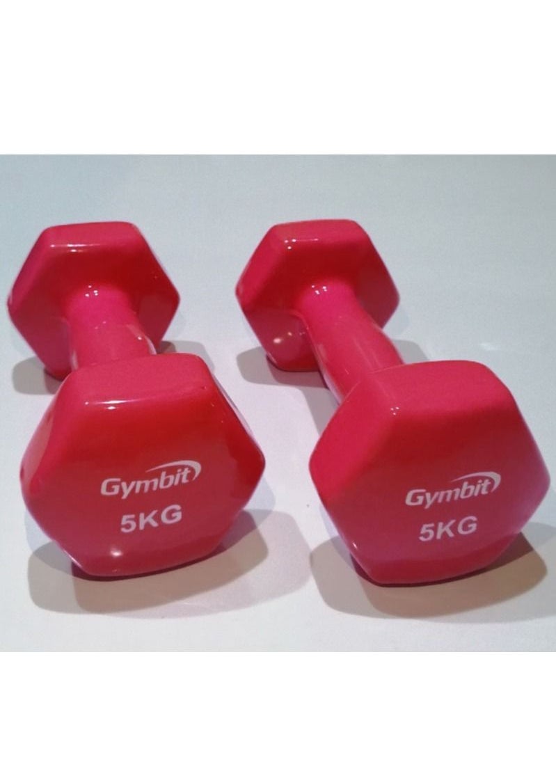 Gymbit Double Dumbbells Vinyl Hexagon Hand Weights for Muscle Training 5 KG, Red 