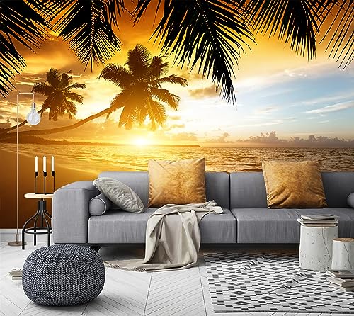 WFBHUATropical Beach Wallpaper Dusk Waves Palm Tree Leaf Coconut Tree Wall Mural for Living Room Bedroom Not Peel and Stick - Image 3