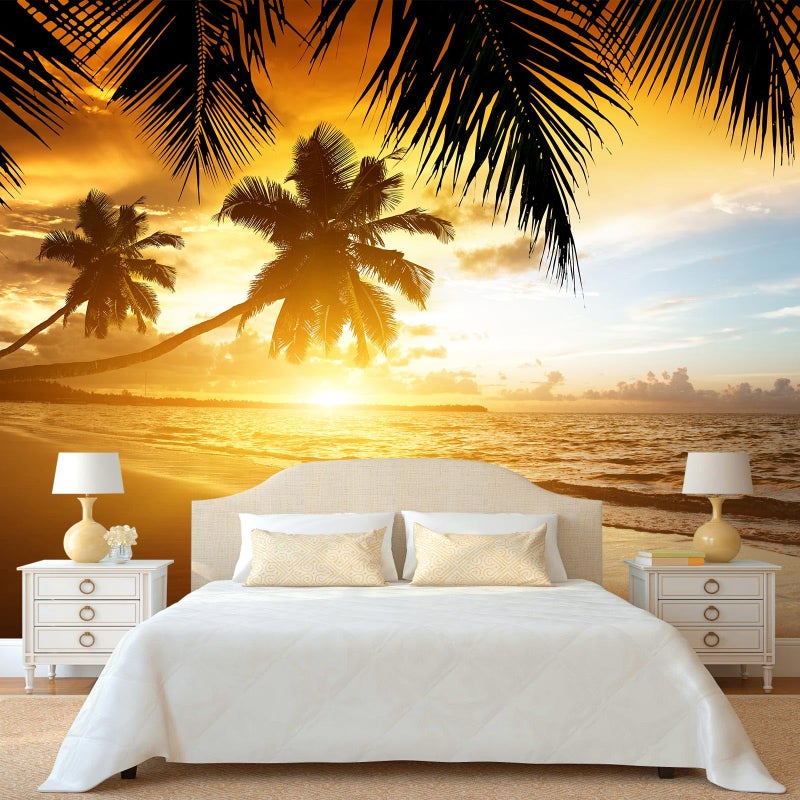 WFBHUATropical Beach Wallpaper Dusk Waves Palm Tree Leaf Coconut Tree Wall Mural for Living Room Bedroom Not Peel and Stick - Image 2