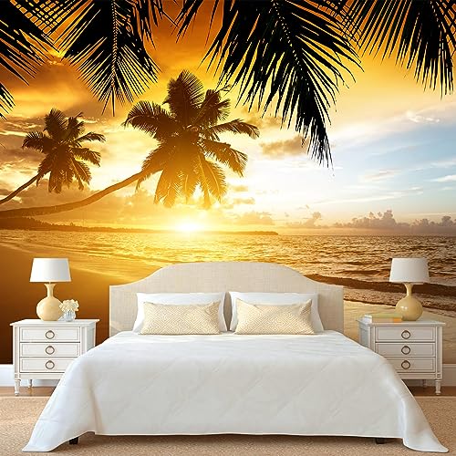 WFBHUATropical Beach Wallpaper Dusk Waves Palm Tree Leaf Coconut Tree Wall Mural for Living Room Bedroom Not Peel and Stick - Image 1