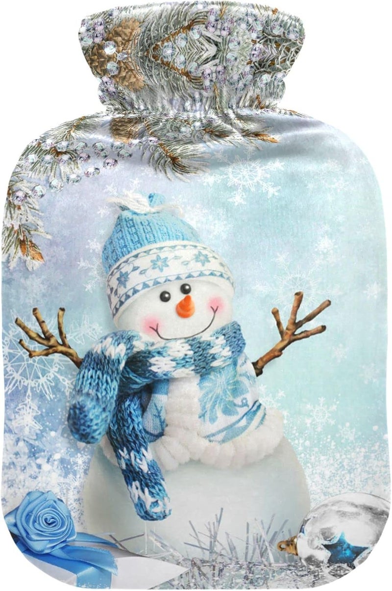Wamika Winter Snowman Snowflake Hot Water Bottle Premium Rubber Christmas Tree Bells Blue Sliver Hot Water Bags with Soft Velvet Cover 2 Liter 