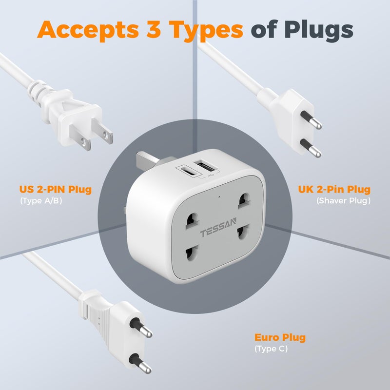 تيسان TESSAN Double Toothbrush & Shaver Plug Adaptor UK with 2 USB (1 USB C) - Image 2