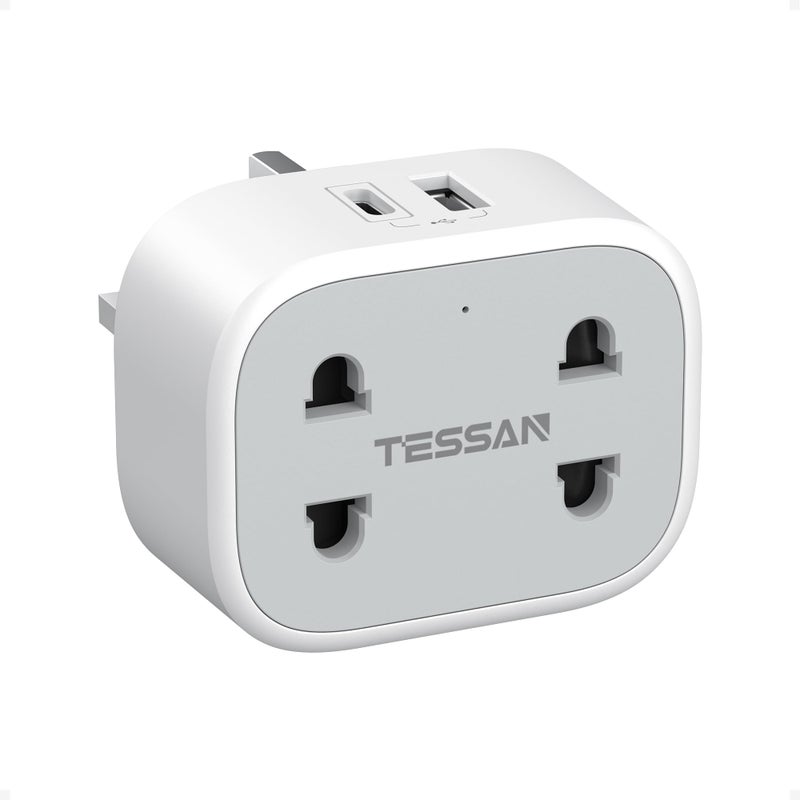 تيسان TESSAN Double Toothbrush & Shaver Plug Adaptor UK with 2 USB (1 USB C) - Image 1