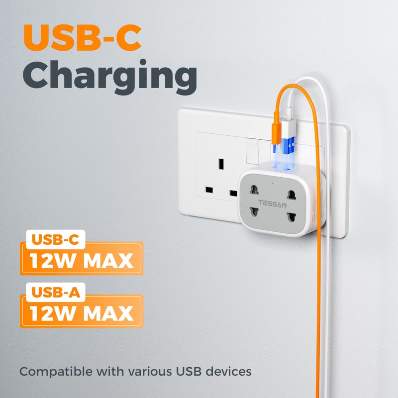 تيسان TESSAN Double Toothbrush & Shaver Plug Adaptor UK with 2 USB (1 USB C) - Image 3