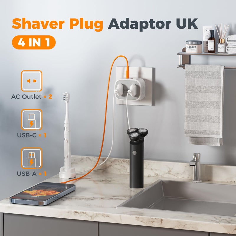 تيسان TESSAN Double Toothbrush & Shaver Plug Adaptor UK with 2 USB (1 USB C) - Image 4