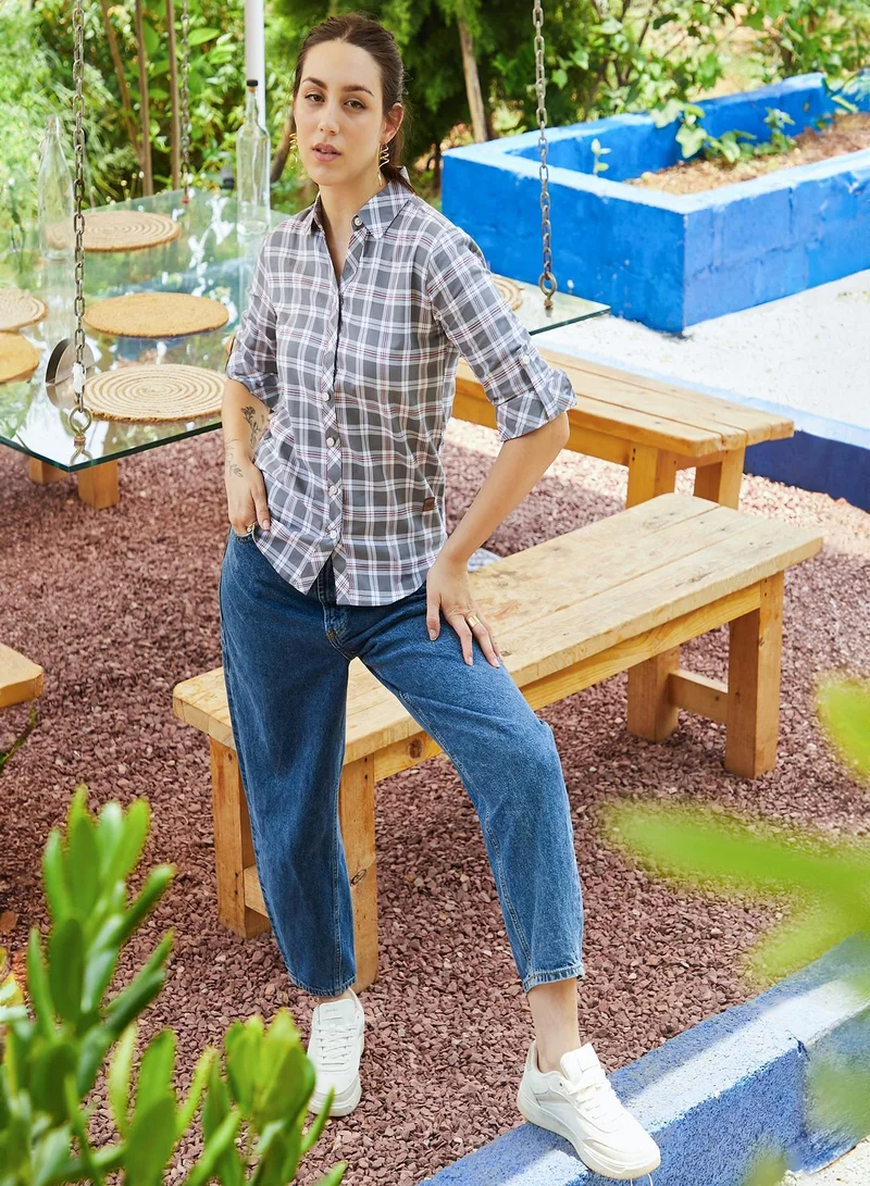 Campus Sutra Women's Graphite Grey Tartan Plaid Shirt For Casual Wear | Spread Collar | Long Sleeve | Button Closure | Shirt Designed With Comfortable Fit For Woman & Girls