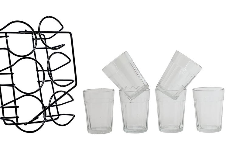 A Krazy Mug Transparent Traditional Cutting Chai Tea Glasses with Iron Stand Holder Set of 6 90ml - Image 3