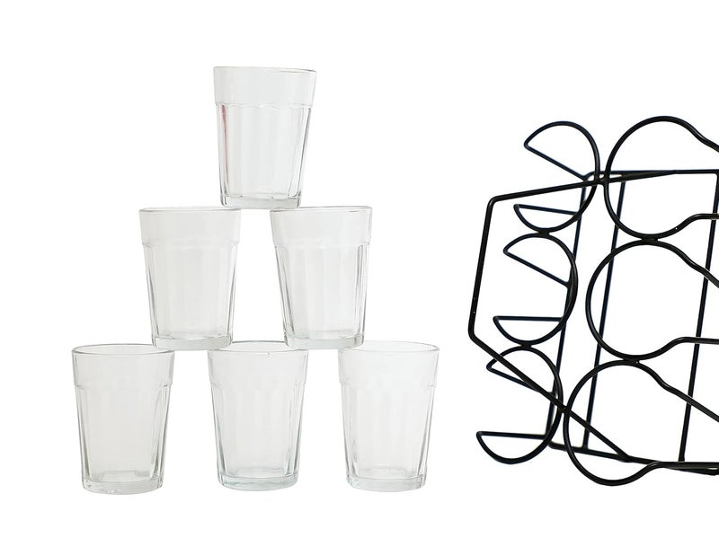 A Krazy Mug Transparent Traditional Cutting Chai Tea Glasses with Iron Stand Holder Set of 6 90ml - Image 1