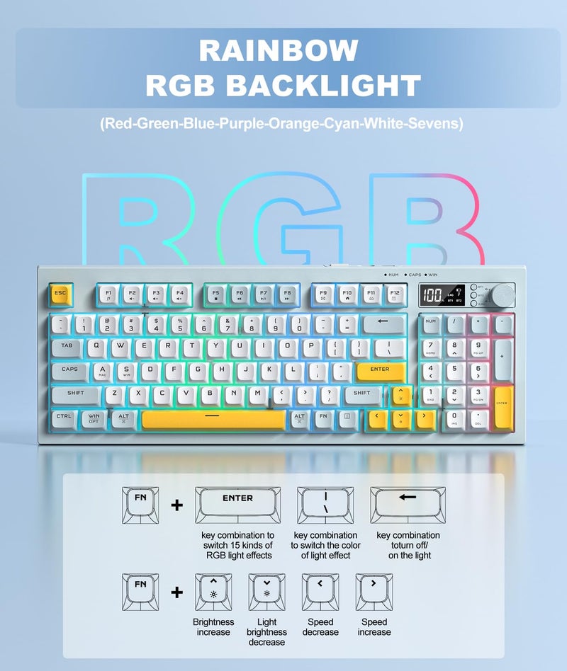 ONIKUMA GAMING Tri-Mode Wireless Keyboard, BT/2.4G/Wired, Silent Membrane, RGB Backlit, Display Screen & Multimedia Knob, 94 Keys PBT Keycaps for PC Home Gaming Office Use - Image 5