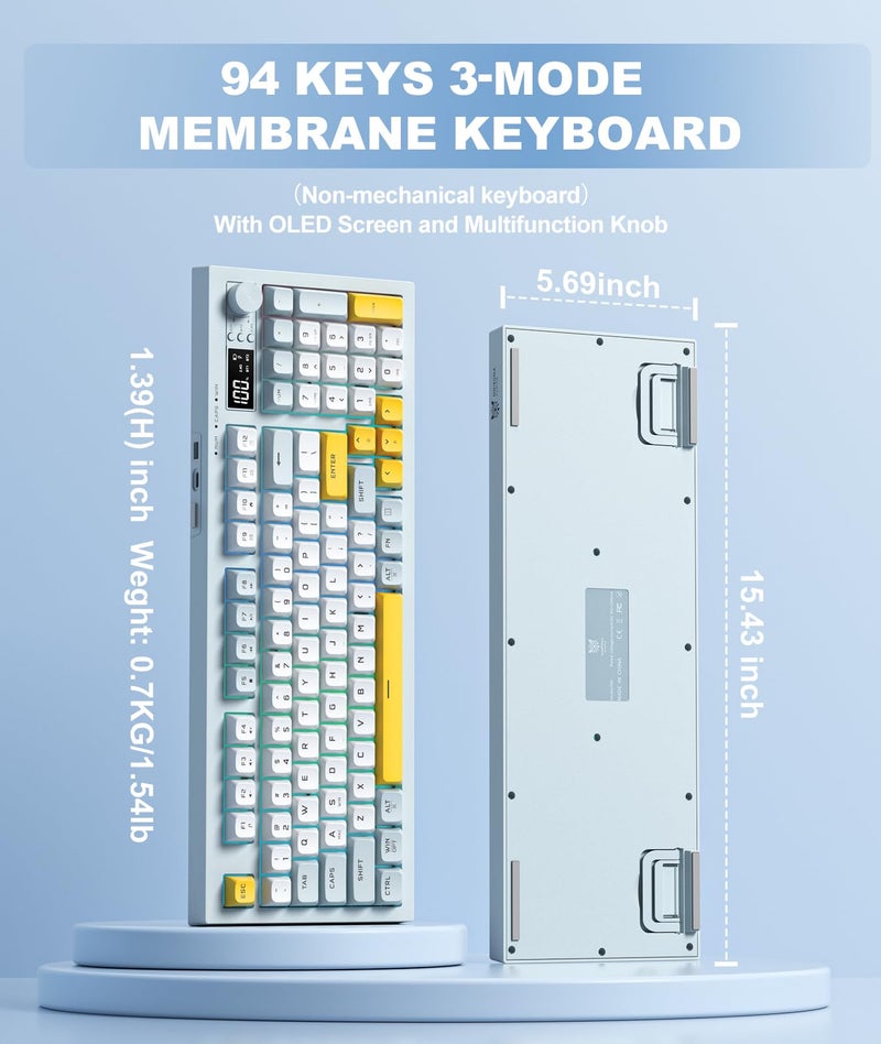 ONIKUMA GAMING Tri-Mode Wireless Keyboard, BT/2.4G/Wired, Silent Membrane, RGB Backlit, Display Screen & Multimedia Knob, 94 Keys PBT Keycaps for PC Home Gaming Office Use - Image 3