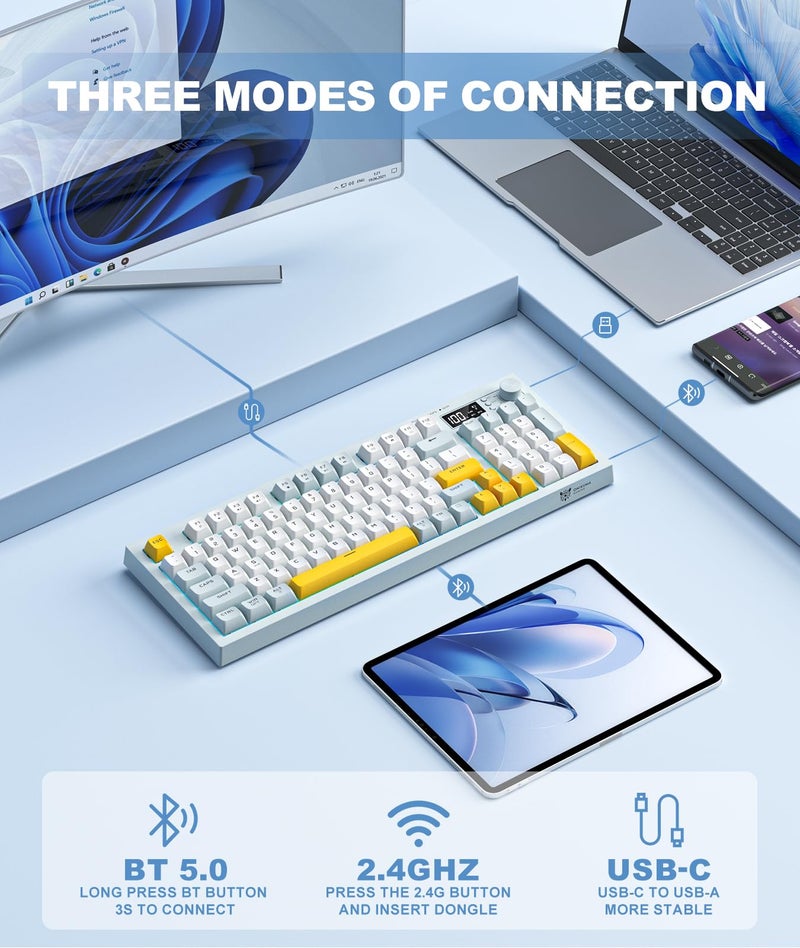 ONIKUMA GAMING Tri-Mode Wireless Keyboard, BT/2.4G/Wired, Silent Membrane, RGB Backlit, Display Screen & Multimedia Knob, 94 Keys PBT Keycaps for PC Home Gaming Office Use - Image 2