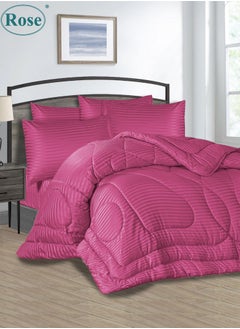Rose ROSE Luxurious Striped Hotel Comforter, Premium Microfiber, Set of 6 pieces, Soft Lightweight, King size 260x240 cm, Fuchsia  - Image 1