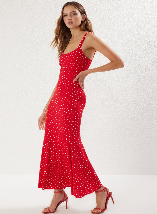 trendyol Red Polka Dot Strappy Fitted Elastic Knitted Maxi Pencil Dress  - Image 2