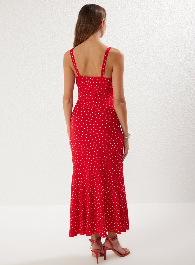 trendyol Red Polka Dot Strappy Fitted Elastic Knitted Maxi Pencil Dress  - Image 5