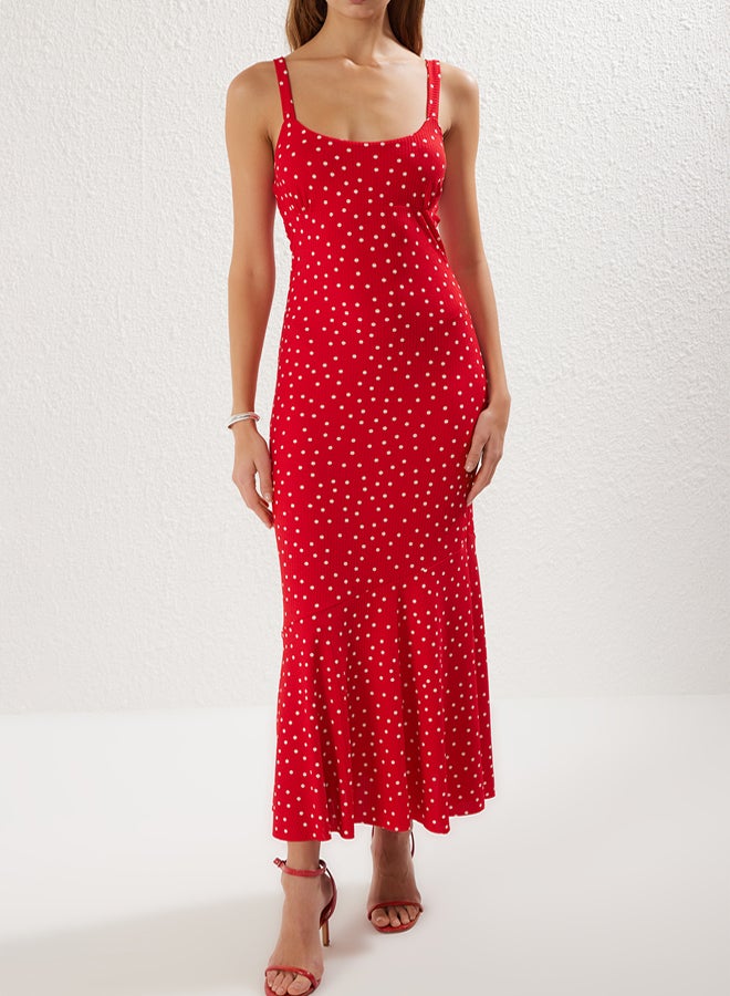 trendyol Red Polka Dot Strappy Fitted Elastic Knitted Maxi Pencil Dress  - Image 3