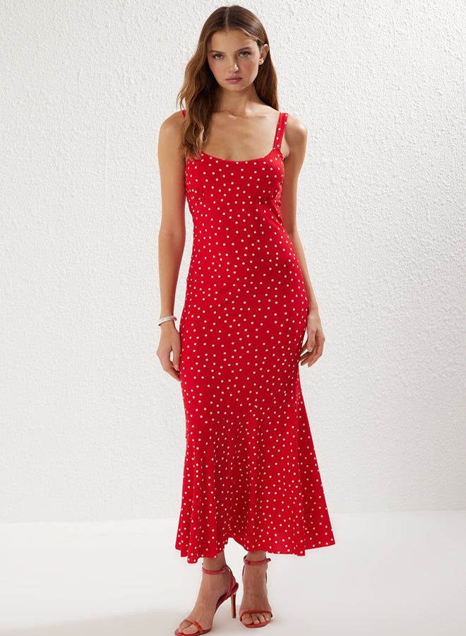 trendyol Red Polka Dot Strappy Fitted Elastic Knitted Maxi Pencil Dress  - Image 1