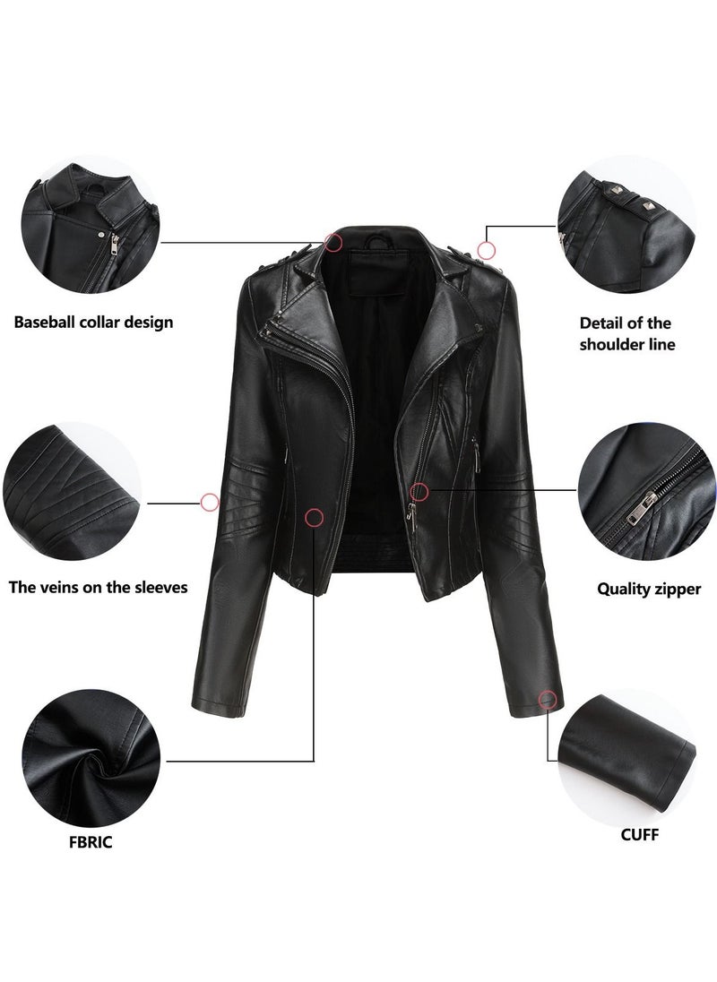 Loquat Women's New Popular Short Fit Coat Zipper Leather Jacket Black  - Image 3