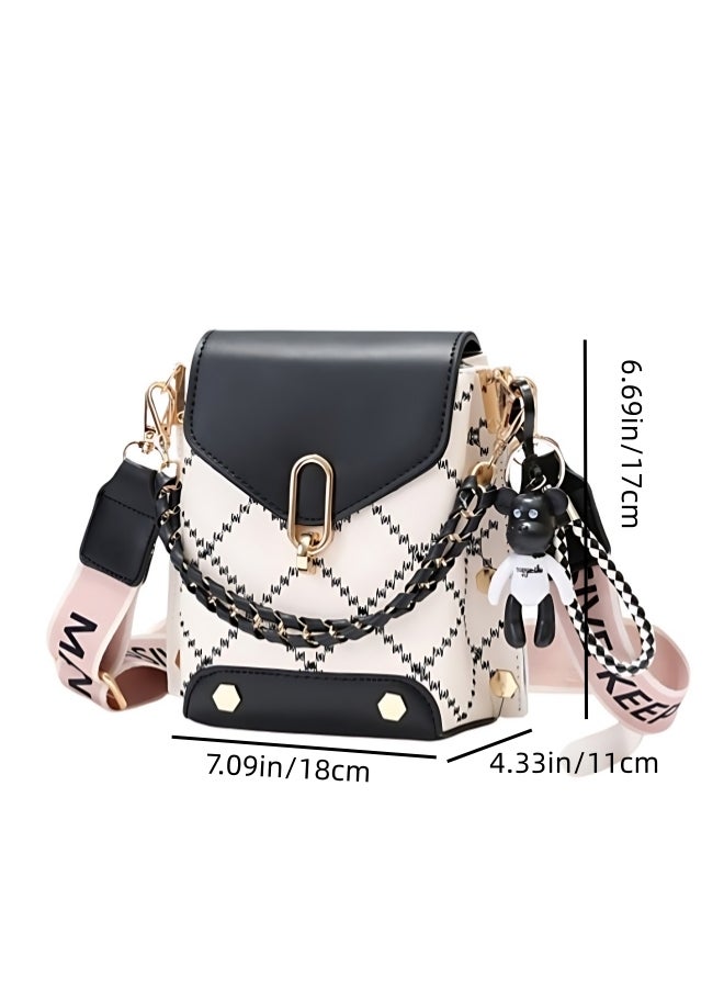 Women's Versatile Plaid Shoulder Bag, Ladies Exquisite Hanging Bucket Bag Crossbody Bag Sling Bag Side Bag Carry Bag, PU Leather Satchel Bag Phone Bag Handbag Clutch Bag for Girls/College Students - Image 4