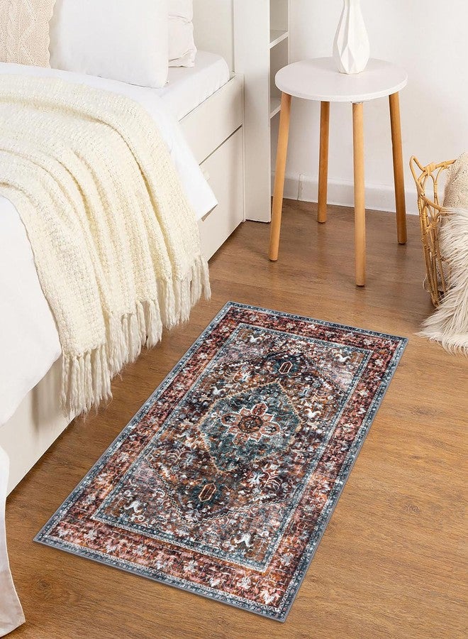 KOZYFLY Small Area Rug 2x3 Ft Rugs for Entryway Washable Boho Entry Rug Non Slip Door Mat Indoor Entrance Faux Wool Vintage Printed Kitchen Rug Throw Rugs for Entrance Kitchen, Brick Red/Orange/Green - Image 3
