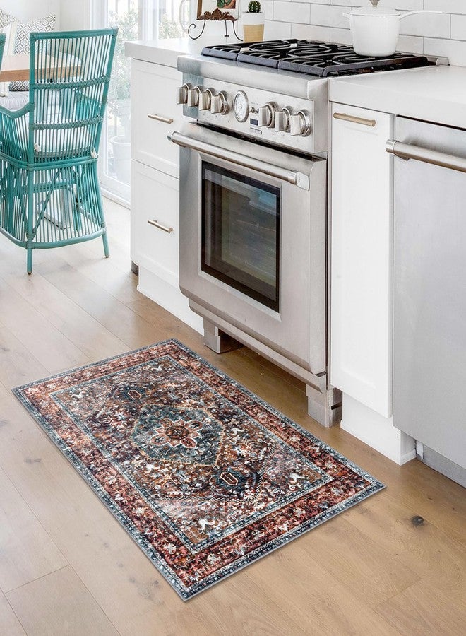 KOZYFLY Small Area Rug 2x3 Ft Rugs for Entryway Washable Boho Entry Rug Non Slip Door Mat Indoor Entrance Faux Wool Vintage Printed Kitchen Rug Throw Rugs for Entrance Kitchen, Brick Red/Orange/Green - Image 2