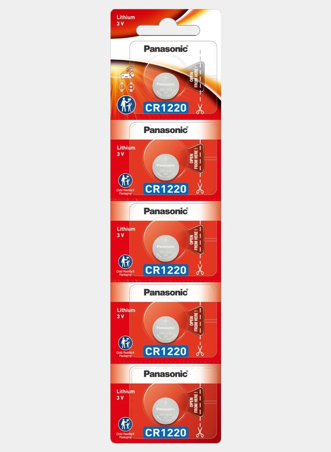 Panasonic 5 Pieces CR1220 Lithium Batteries Silver - Image 1