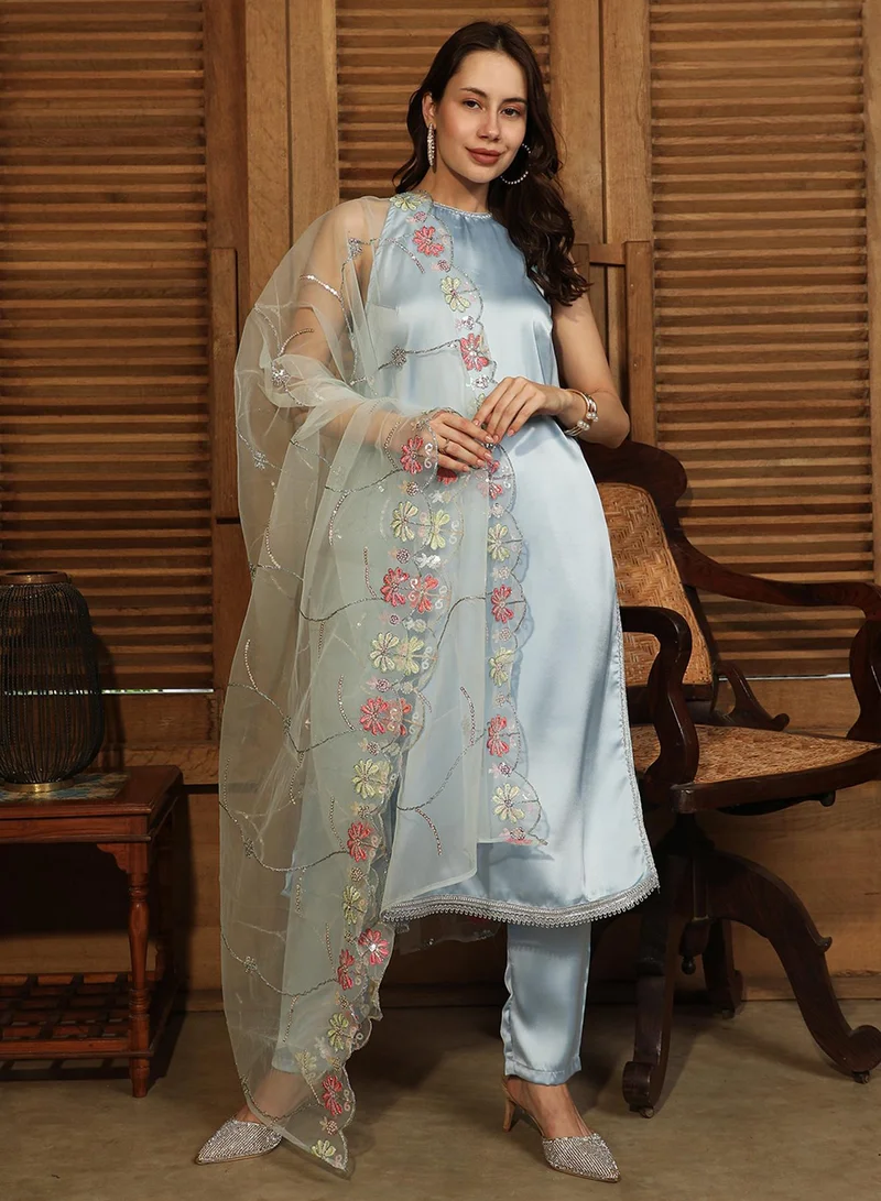 QISSA Women's Powder Blue Blush Bloom Kurta Set