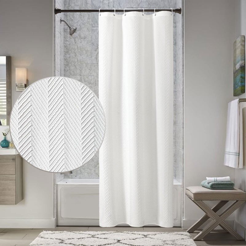 Gibelle Small Stall Shower Curtain 36 x 72 Narrow Half 3D Embossed Textured White Fabric Shower Curtain Modern Farmhouse Herringbone Decorative Bathroom Shower Curtain Set with Hooks