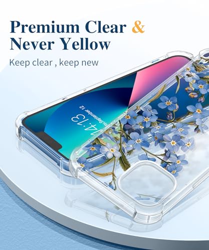 GVIEWIN for iPhone 13 Case Floral, with Screen Protector&Camera Lens Protector,[Non Yellowing] Soft Shockproof Clear Phone Protective Cover for Women, Flower Pattern Design 6.1"(Aconite/Blue) - Image 3
