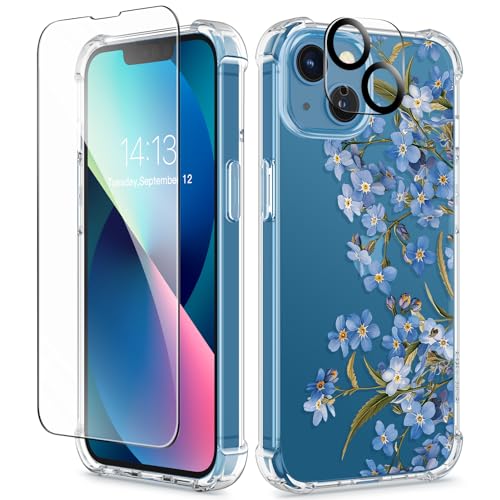 GVIEWIN for iPhone 13 Case Floral, with Screen Protector&Camera Lens Protector,[Non Yellowing] Soft Shockproof Clear Phone Protective Cover for Women, Flower Pattern Design 6.1"(Aconite/Blue) - Image 1