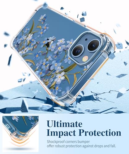 GVIEWIN for iPhone 13 Case Floral, with Screen Protector&Camera Lens Protector,[Non Yellowing] Soft Shockproof Clear Phone Protective Cover for Women, Flower Pattern Design 6.1"(Aconite/Blue) - Image 4