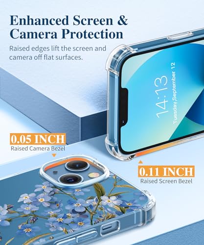 GVIEWIN for iPhone 13 Case Floral, with Screen Protector&Camera Lens Protector,[Non Yellowing] Soft Shockproof Clear Phone Protective Cover for Women, Flower Pattern Design 6.1"(Aconite/Blue) - Image 5