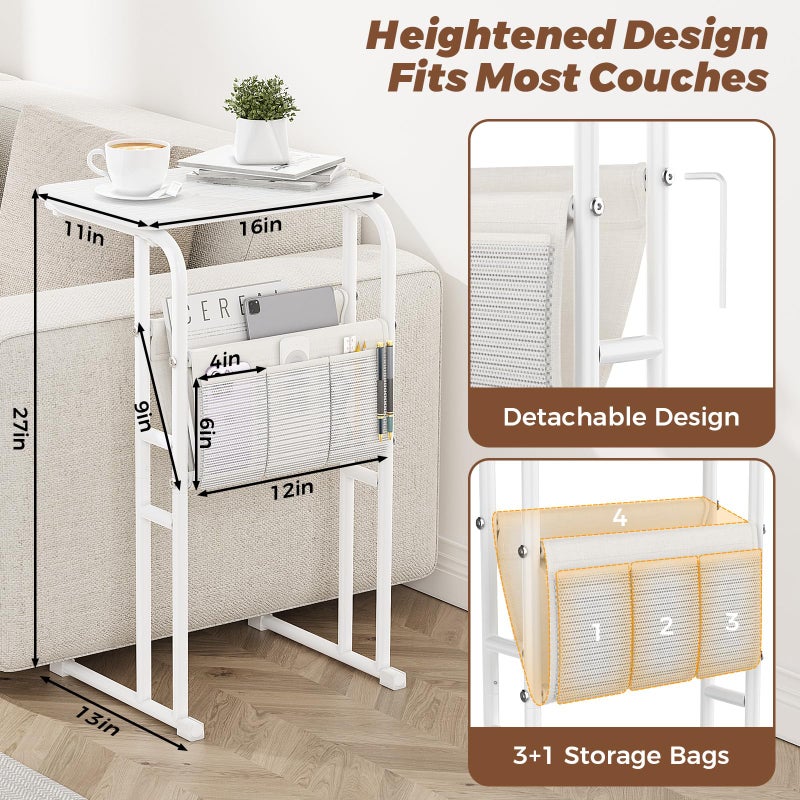 Olldide C-Shaped End Table with Storage Bag, Side Table for Living Room Bedroom, Slide Under Couch Sofa TV Trays Desk, Small Narrow Space Applicable, White - Image 2